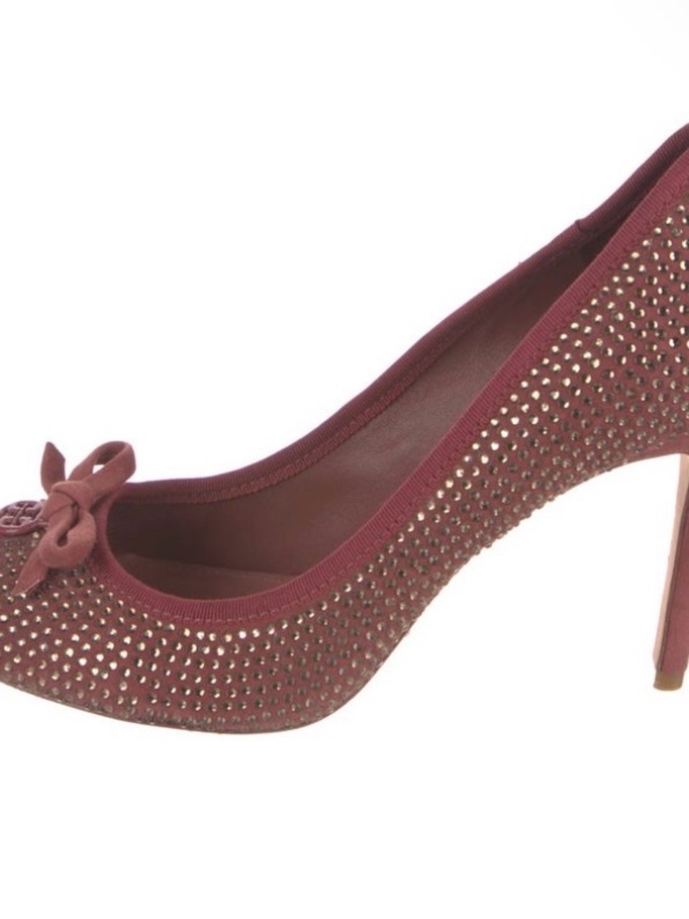 Tory Burch Burgundy Round Toe Crystal & Bow Four Inch High Heel Pumps - Size 8.5 - Picture 6 of 11